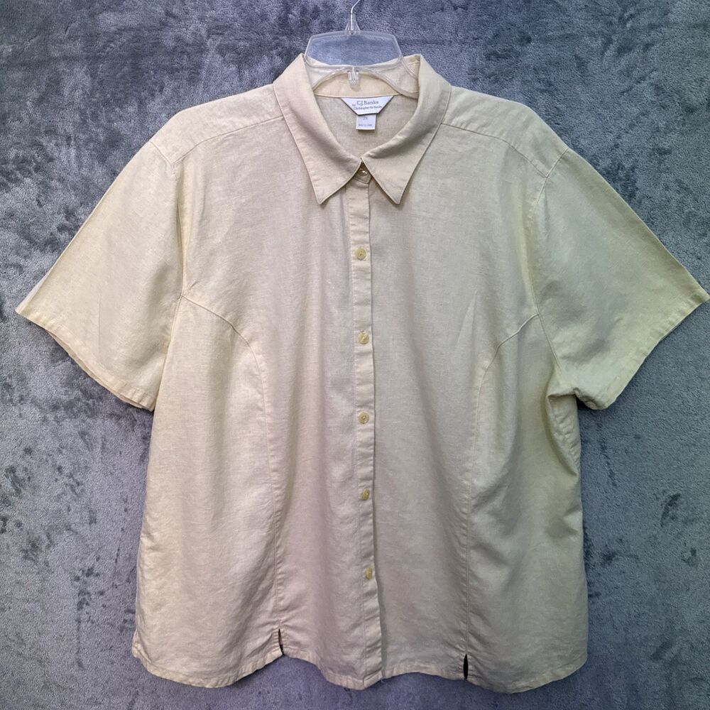 CJ Banks 2x blouse Linen Rayon yellow button up short sleeve
